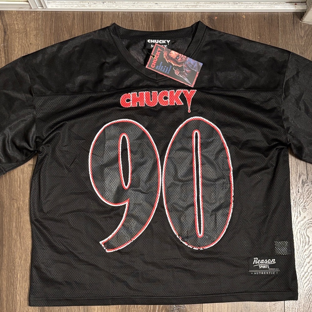 Reason Black Mesh Top with Red Chucky Design